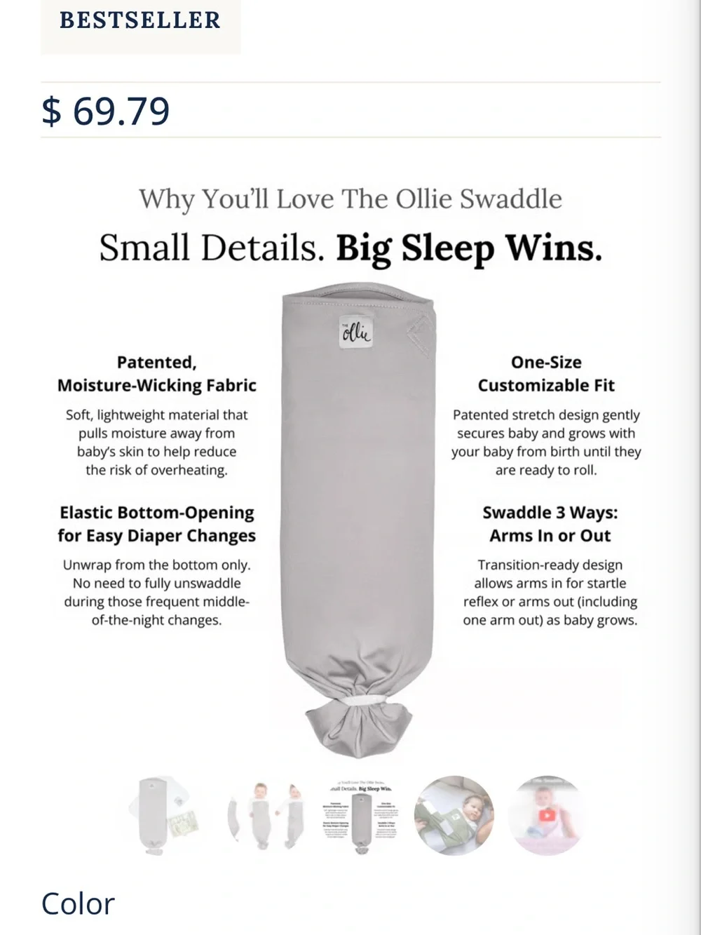 Ollie World Baby Swaddle Sack in Light Gray